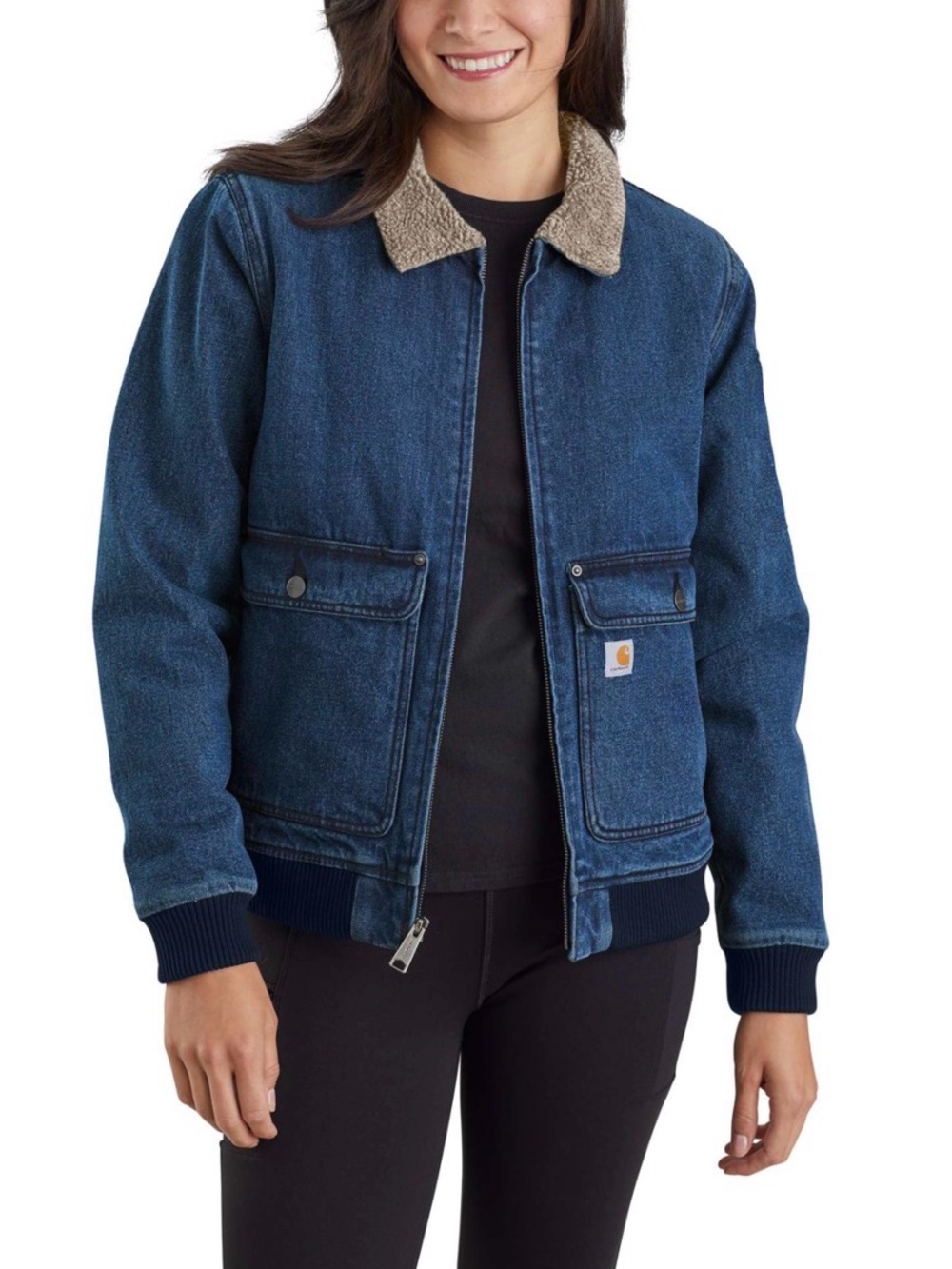 Carhartt Women’s Denim Sherpa Lined Jean Jacket Blue Sz L Relaxed 105446 NWOT